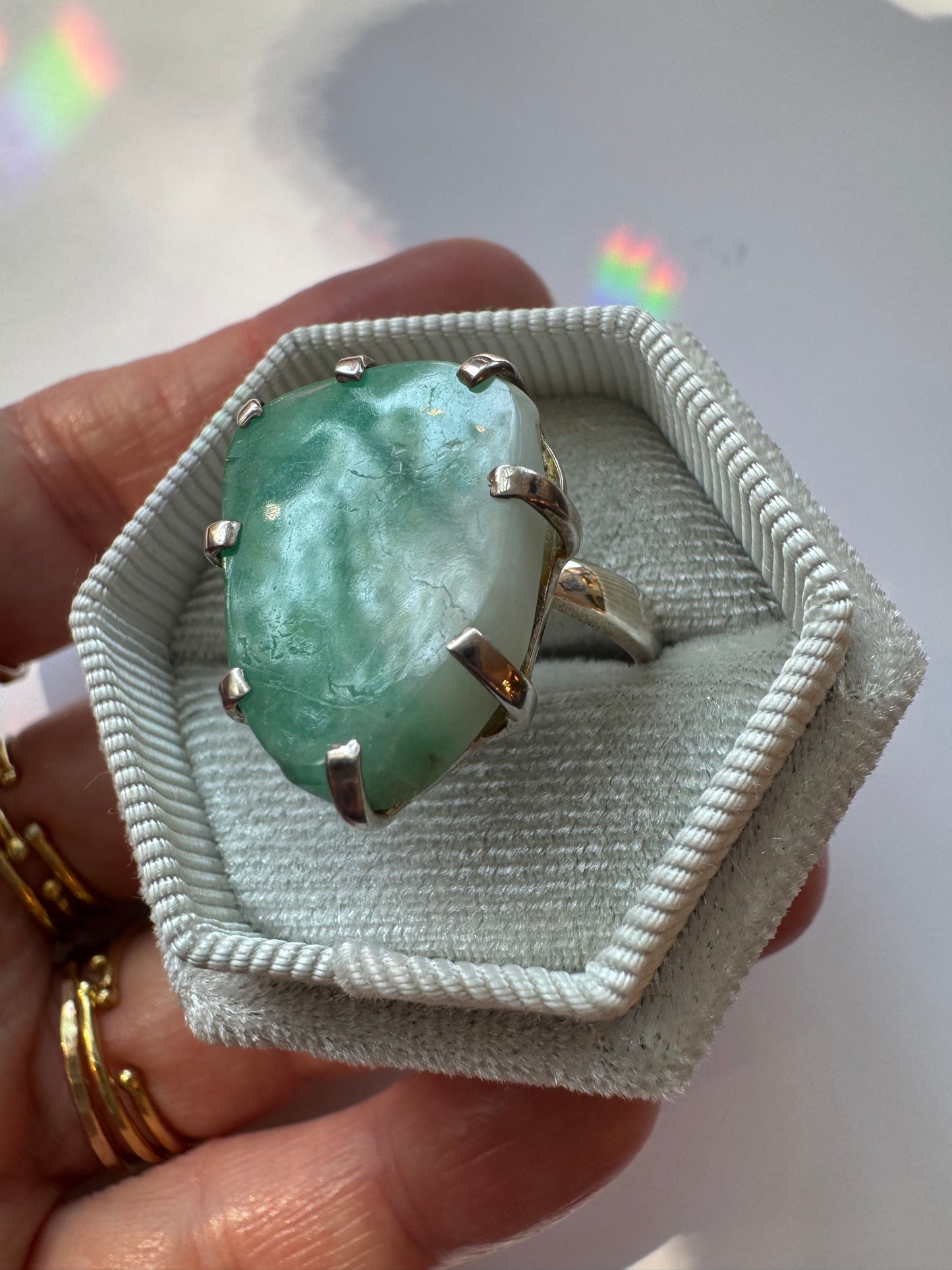 Sliced Emerald Sterling Silver Adjustable Ring