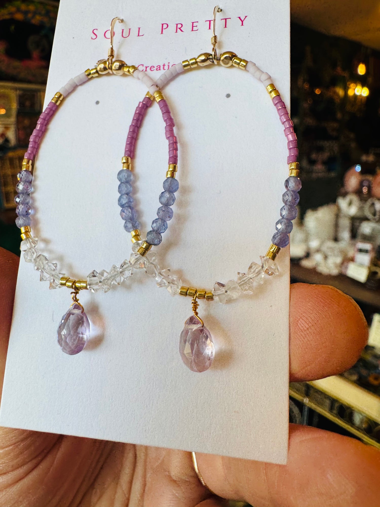 Soul Pretty pink amethyst + quartz + tanzanite handmade gold fill earrings - Moon Room Shop and Wellness