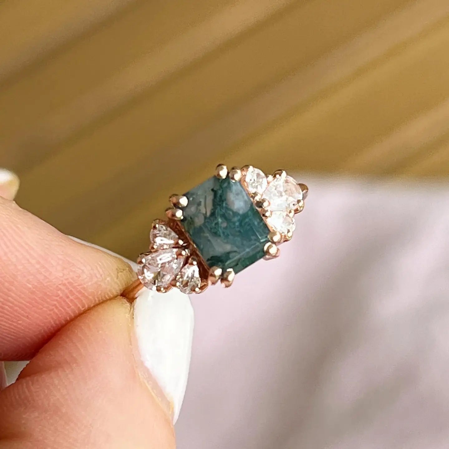 Rose Gold Moss Agate & Diamond Empress Ring Size 7 - Moon Room Shop and Wellness