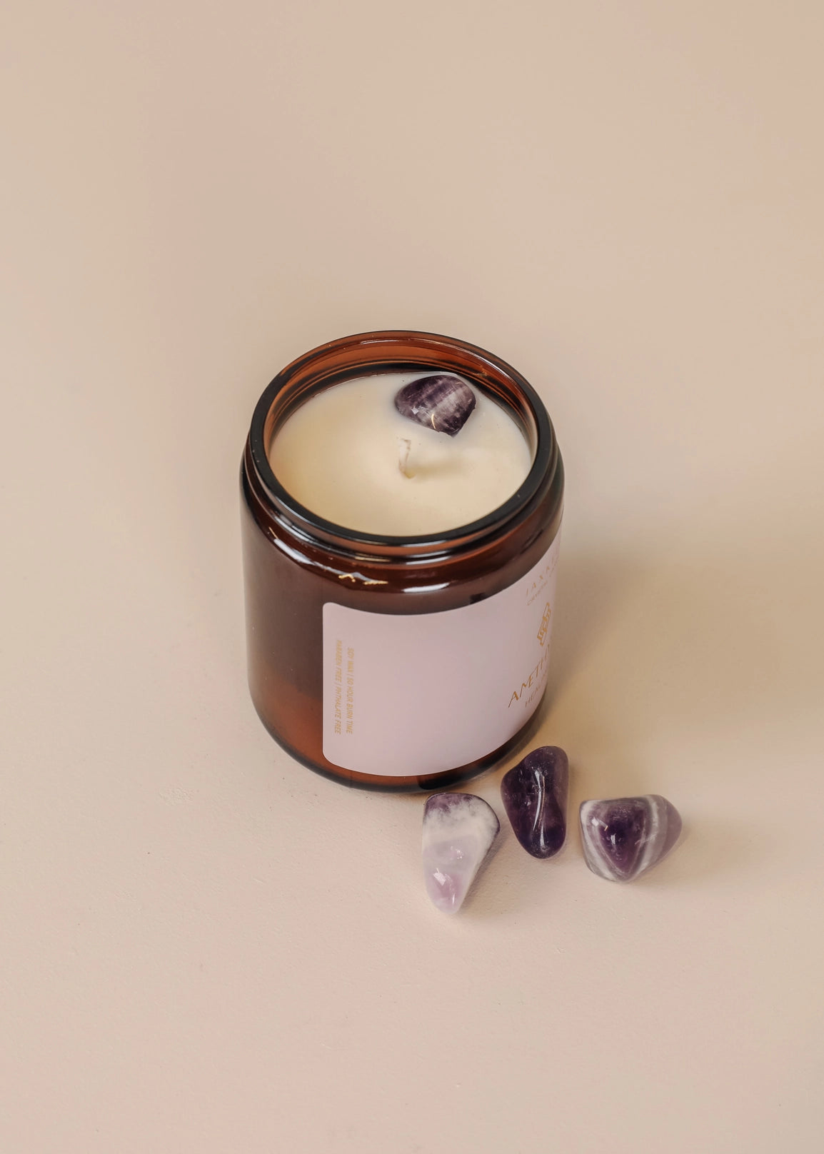 9oz Amber Crystal Candle - Amethyst - Healing - Moon Room Shop and Wellness