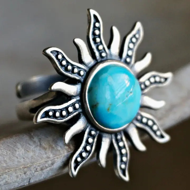 Sunburst Turquoise Silver Plated Ring Adjustable