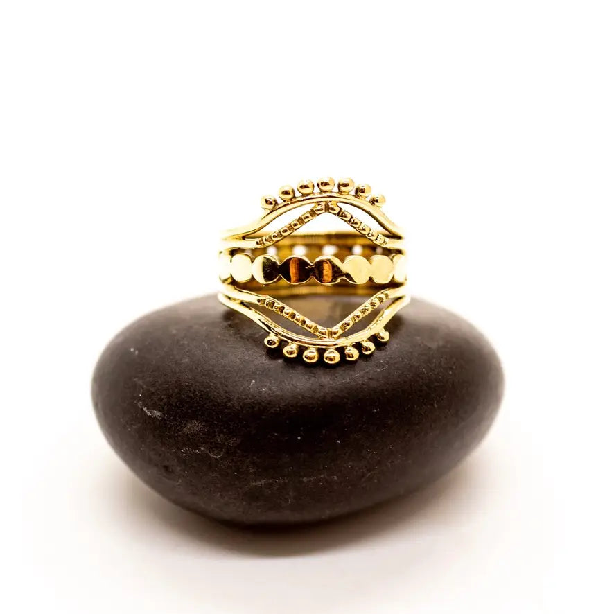 Mixed Detail Stacked Band Ring in Brass Sizes 6,8,10 - Moon Room Shop and Wellness
