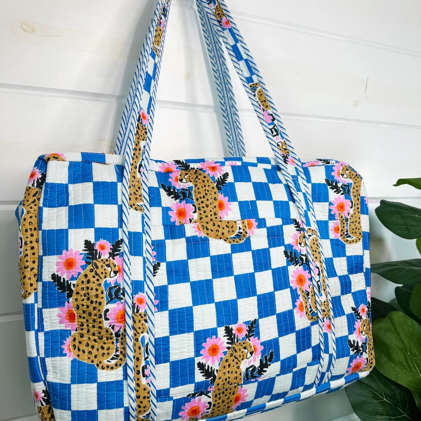 Quilted Duffle Bag | Weekender Travel Bag | Jaguar Print Blue - Moon Room Shop and Wellness