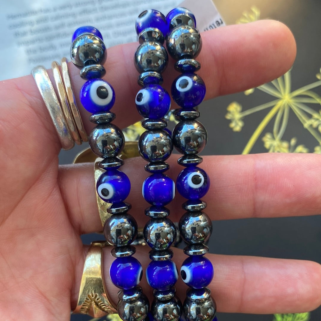 Evil Eye Glass + Hematite Stretch 8mm Bracelet - Moon Room Shop and Wellness