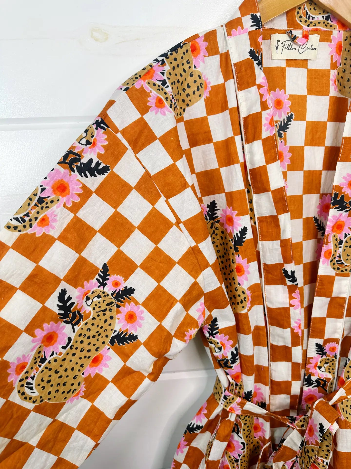 Women's Cotton Robe/ Kimono Checkered Print Jaguar Gold - Moon Room Shop and Wellness