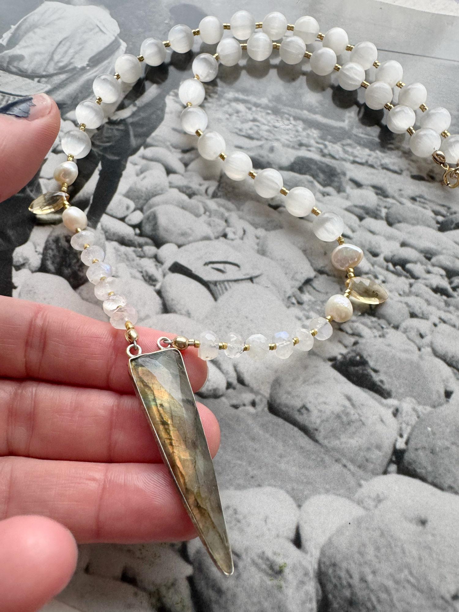 Labradorite + Moonstone + Pearl +Selenite Handmade Necklace 18” - Moon Room Shop and Wellness