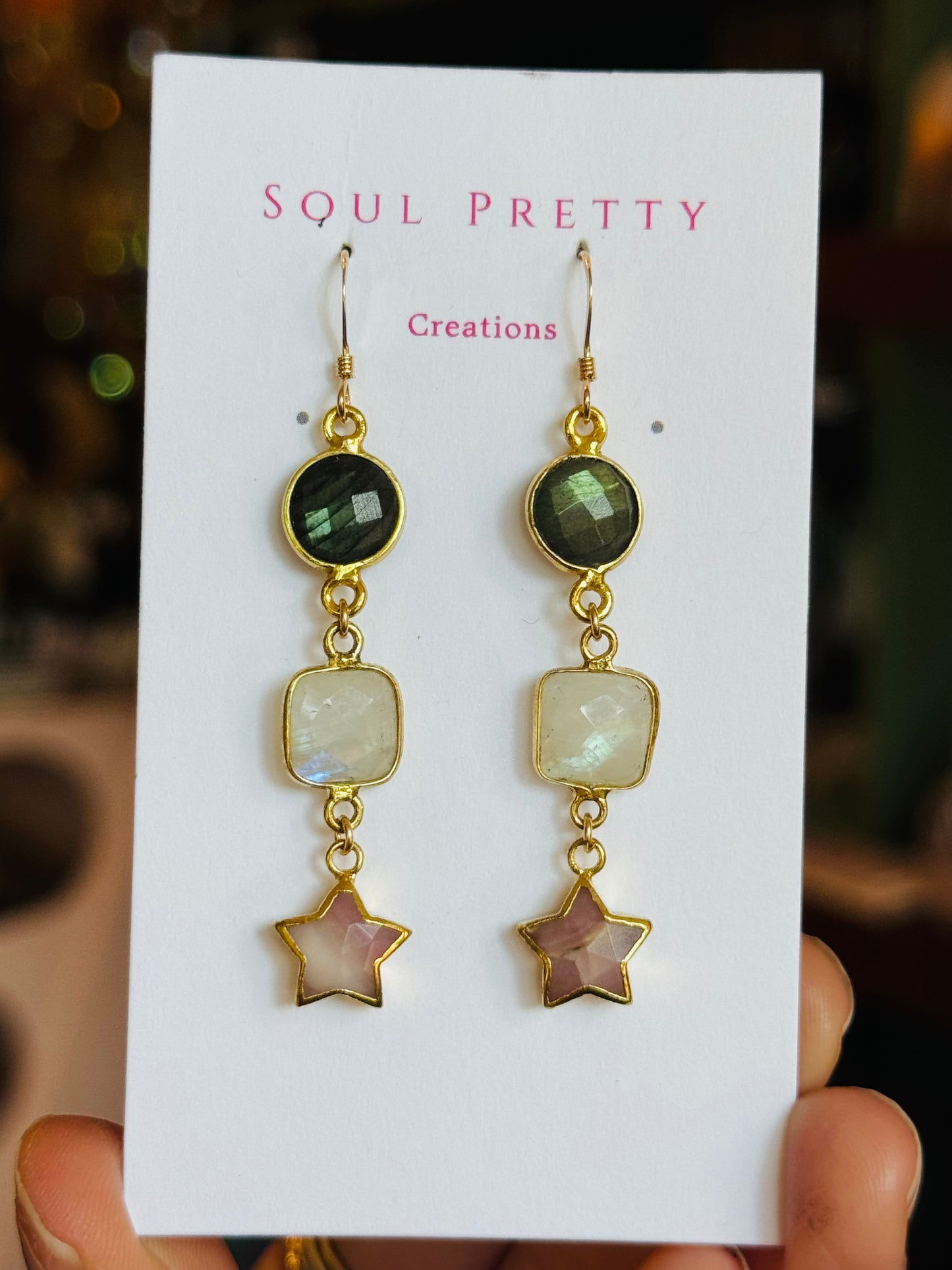 Soul Pretty Pink Opal Star+ Moonstone + Labradorite Gold Fill Earrings - Moon Room Shop and Wellness