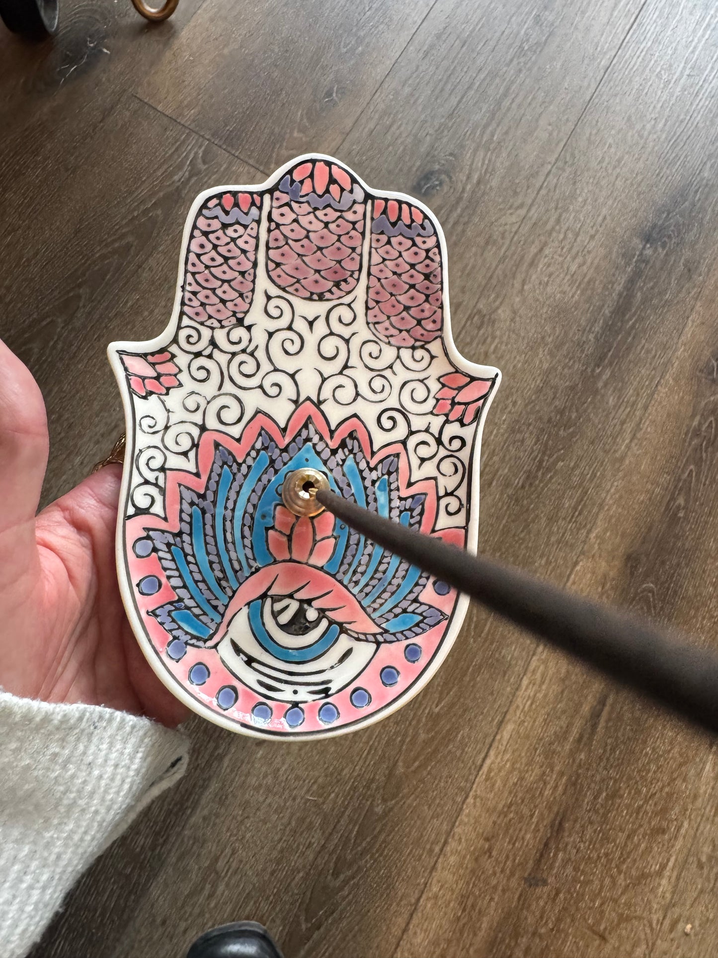 Hamsa Ceramic Dish/ Brass Incense Holder - Moon Room Shop and Wellness