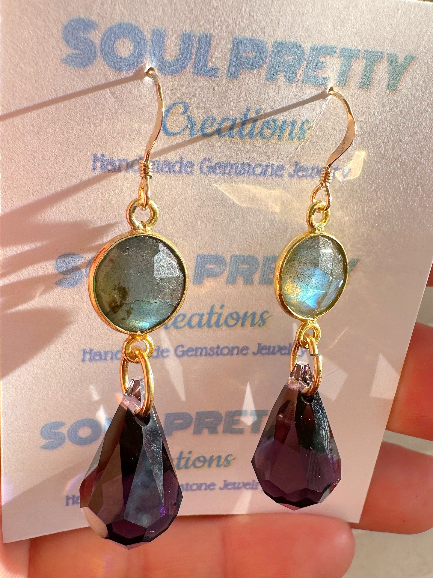 Labradorite + Purple Prism Point Gold Fill Earrings - Moon Room Shop and Wellness
