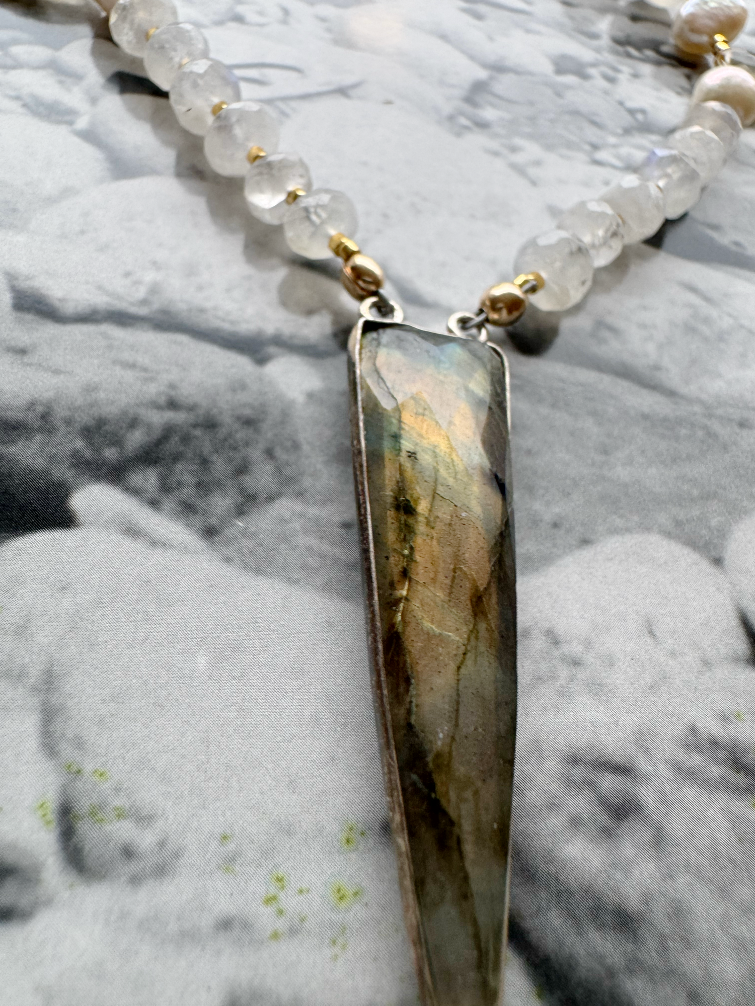Labradorite + Moonstone + Pearl +Selenite Handmade Necklace 18” - Moon Room Shop and Wellness
