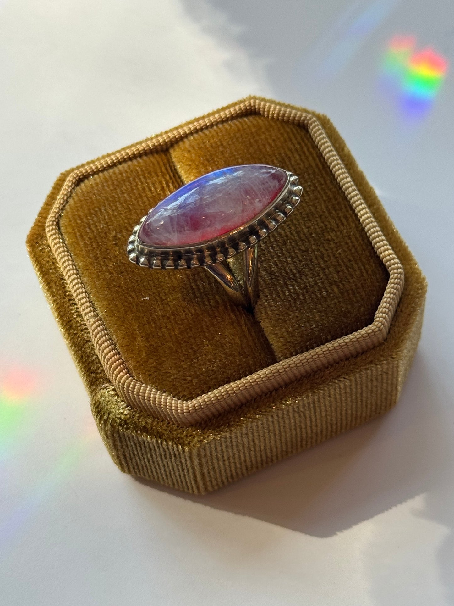 Pink Rainbow Moonstone 925 Sterling Silver Ring Size 8.25 - Moon Room Shop and Wellness