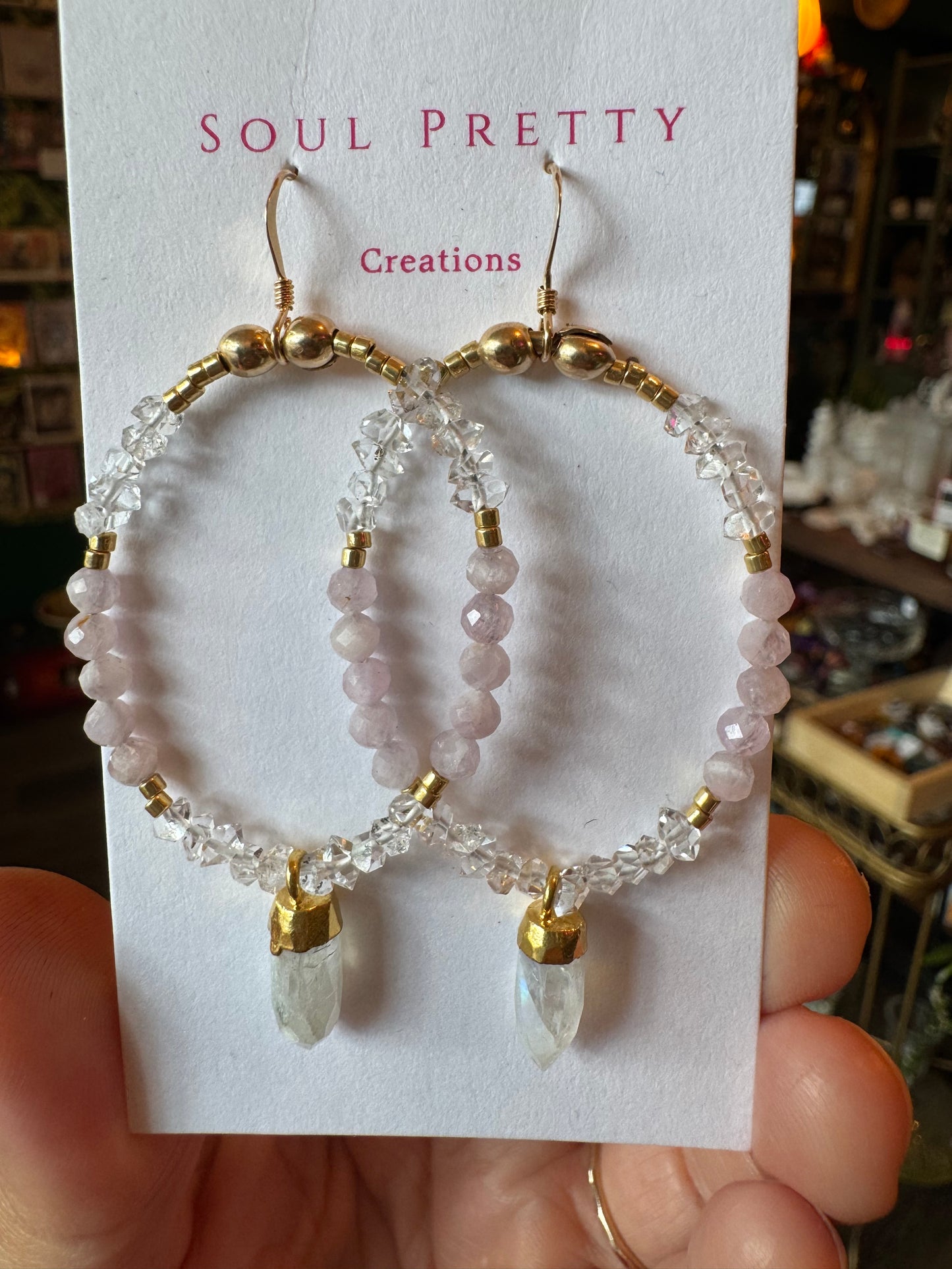 Soul Pretty moonstone + quartz + kunzite handmade gold fill earrings - Moon Room Shop and Wellness