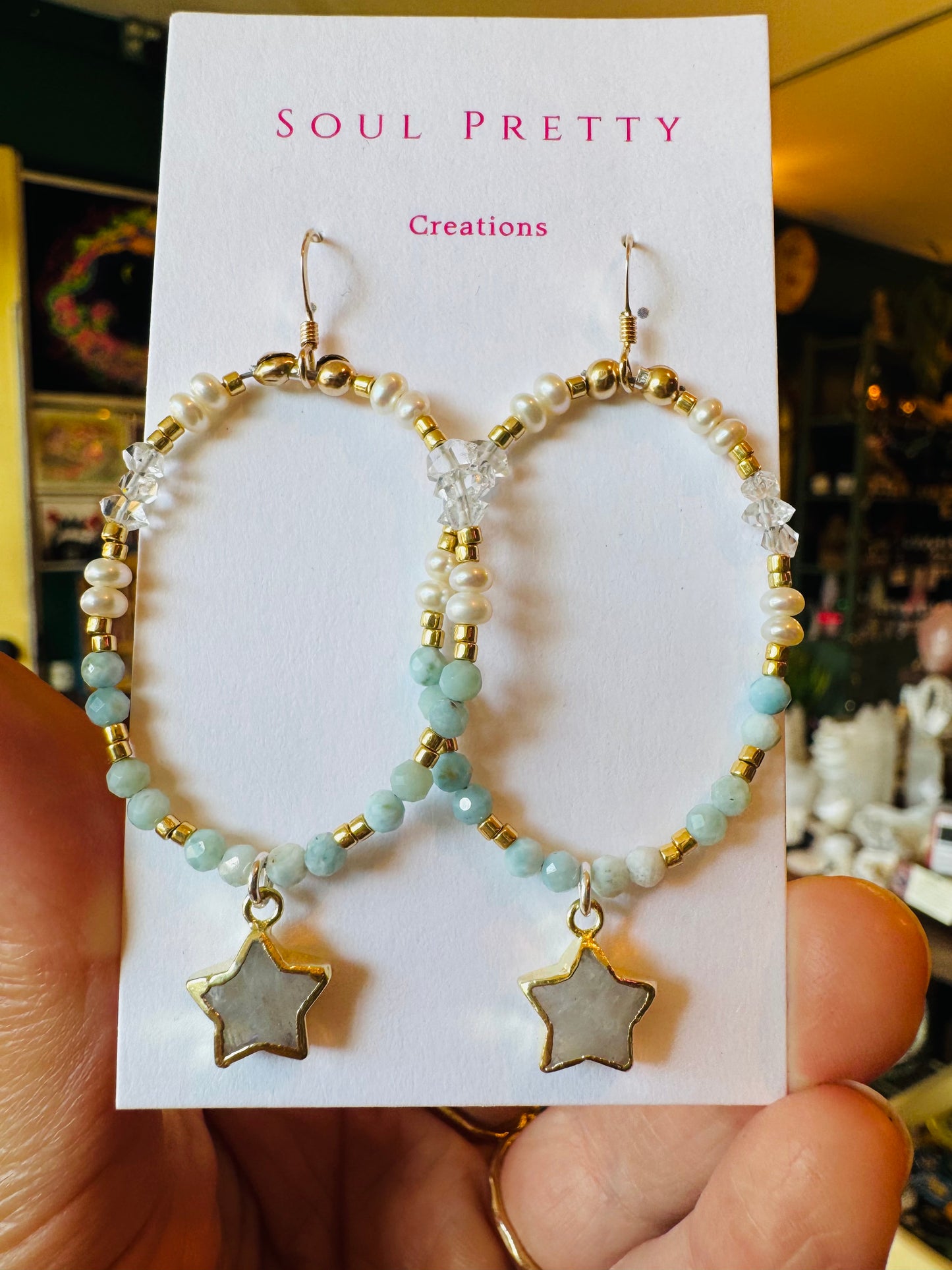 Soul Pretty Moonstone Star + Larimar + Pearl + Herkimer Handmade Gold Fill Earrings - Moon Room Shop and Wellness
