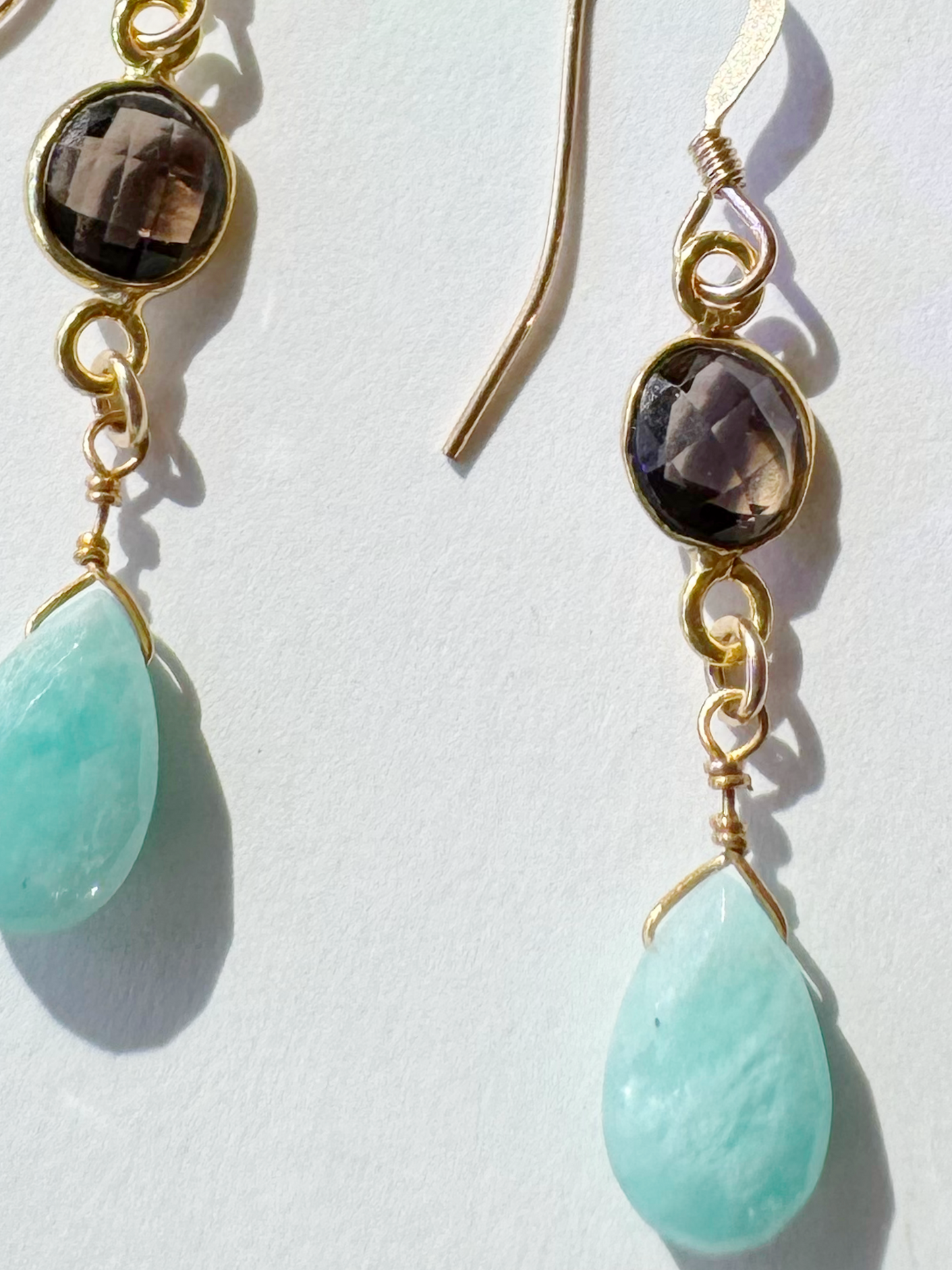 Amazonite + Smoky Quartz Handmade Gold Fill Drop Gemstone Earrings - Moon Room Shop and Wellness