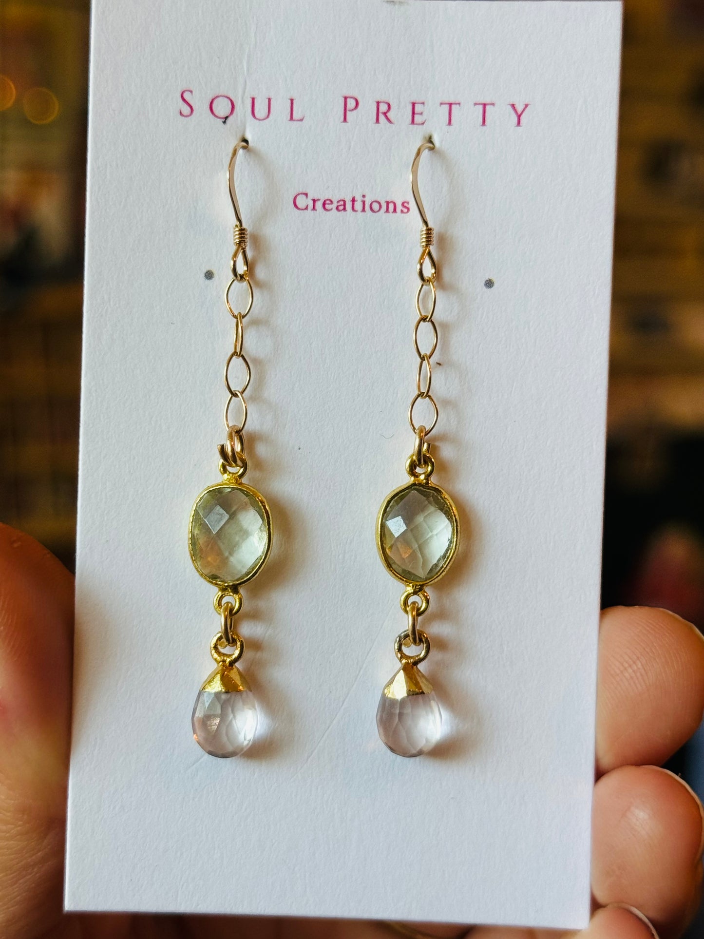 Soul Pretty Prasiolite + Rose Quartz Droplet Gold Fill Earrings - Moon Room Shop and Wellness