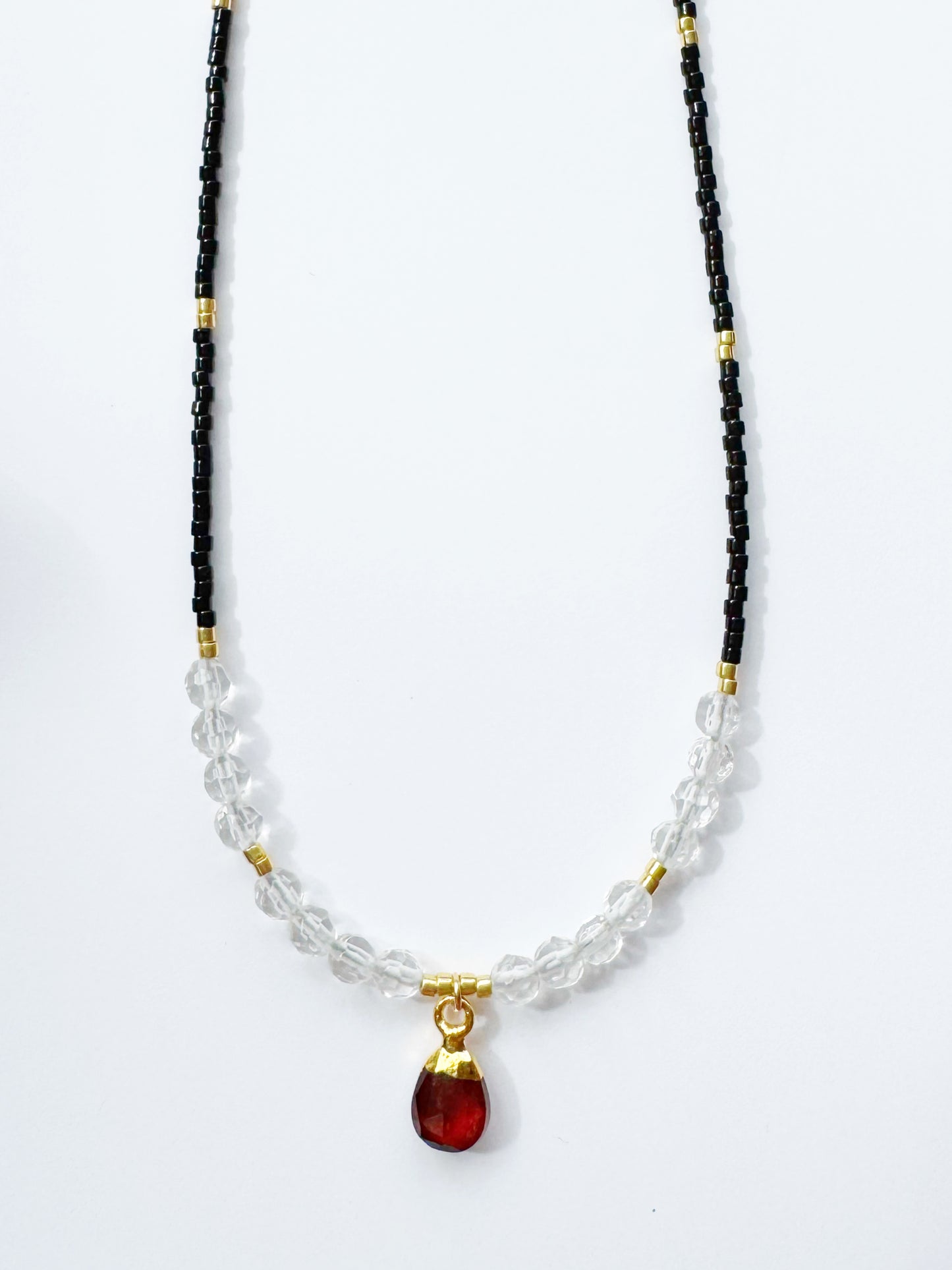 Beautiful Garnet + Clear Quartz + Seed Bead One of a Kind Gold Fill Adjustable Handmade Necklace - Moon Room Shop and Wellness