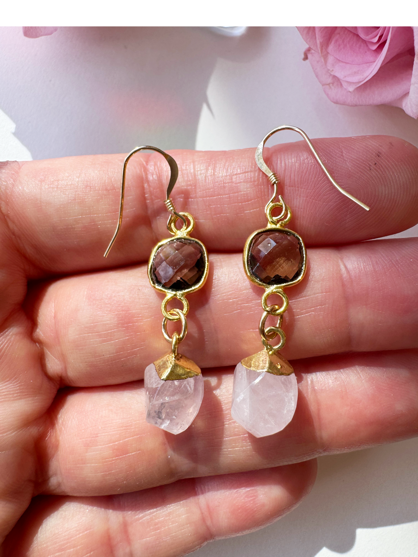 Rose Quartz + Smoky Quartz Handmade Gold Fill Drop Gemstone Earrings - Moon Room Shop and Wellness