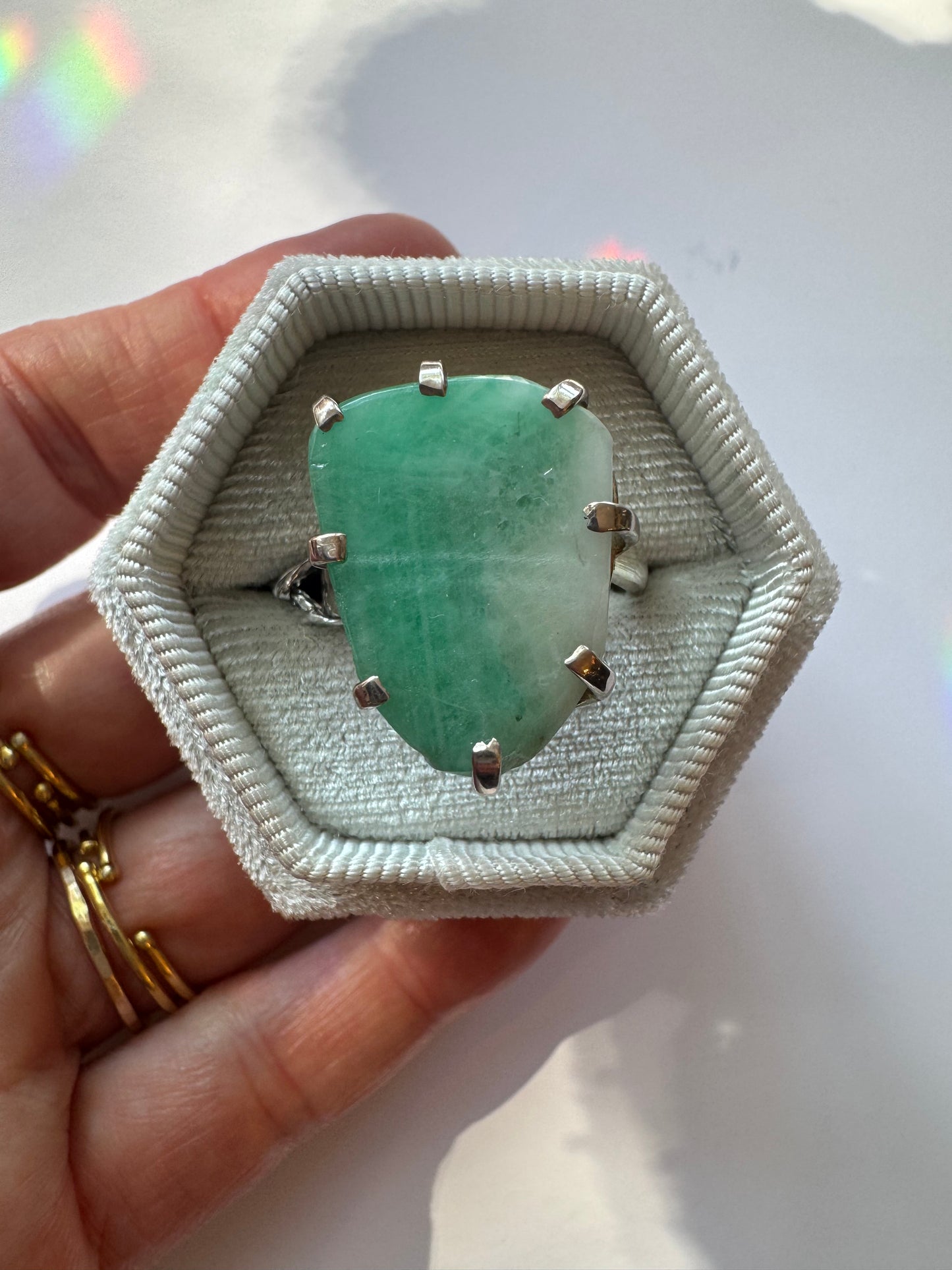 Sliced Emerald Sterling Silver Adjustable Ring