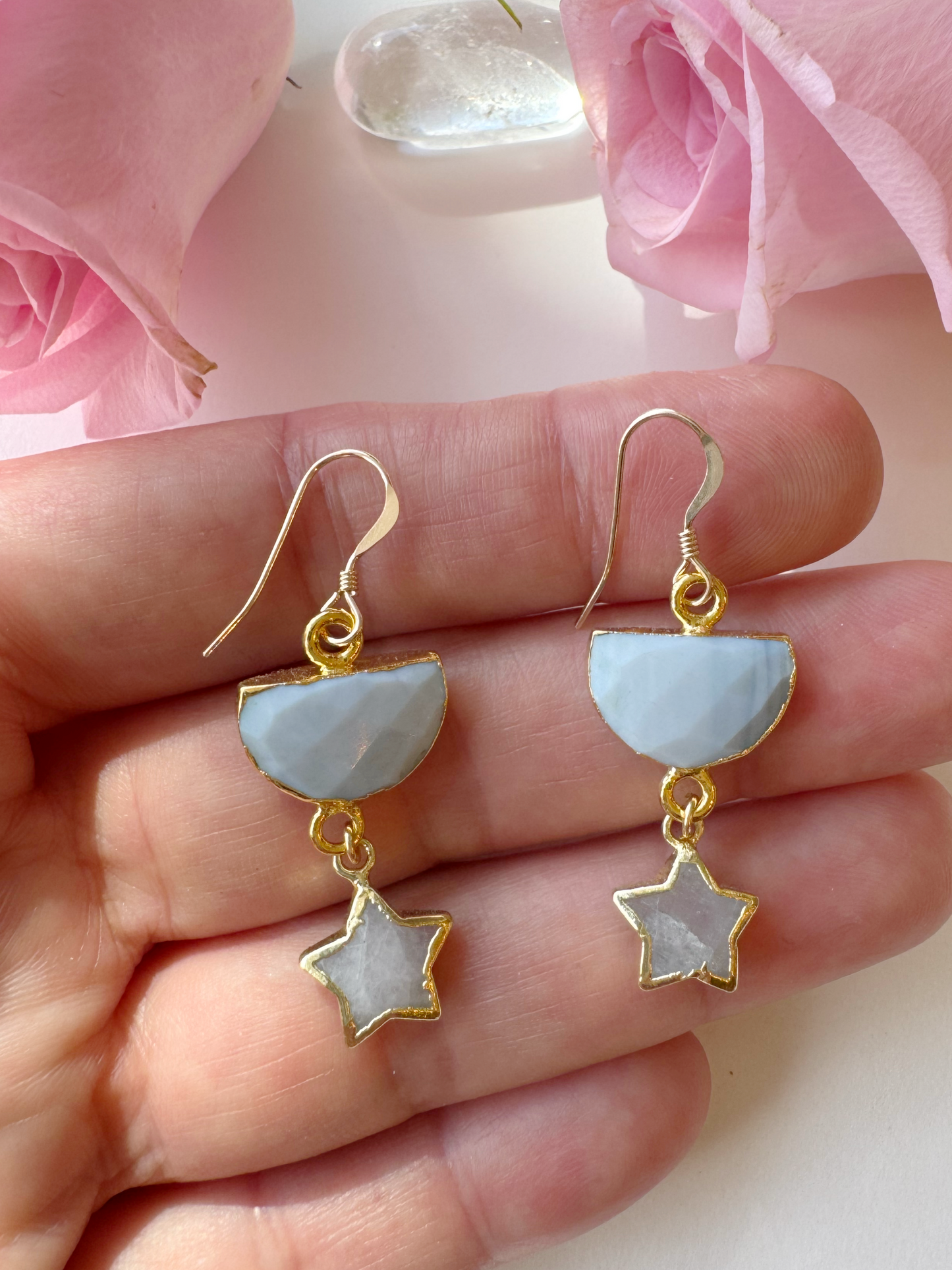 Moonstone Stars + Blue Owyhee Opal Half Moon Handmade Gold Fill Drop Gemstone Earrings - Moon Room Shop and Wellness