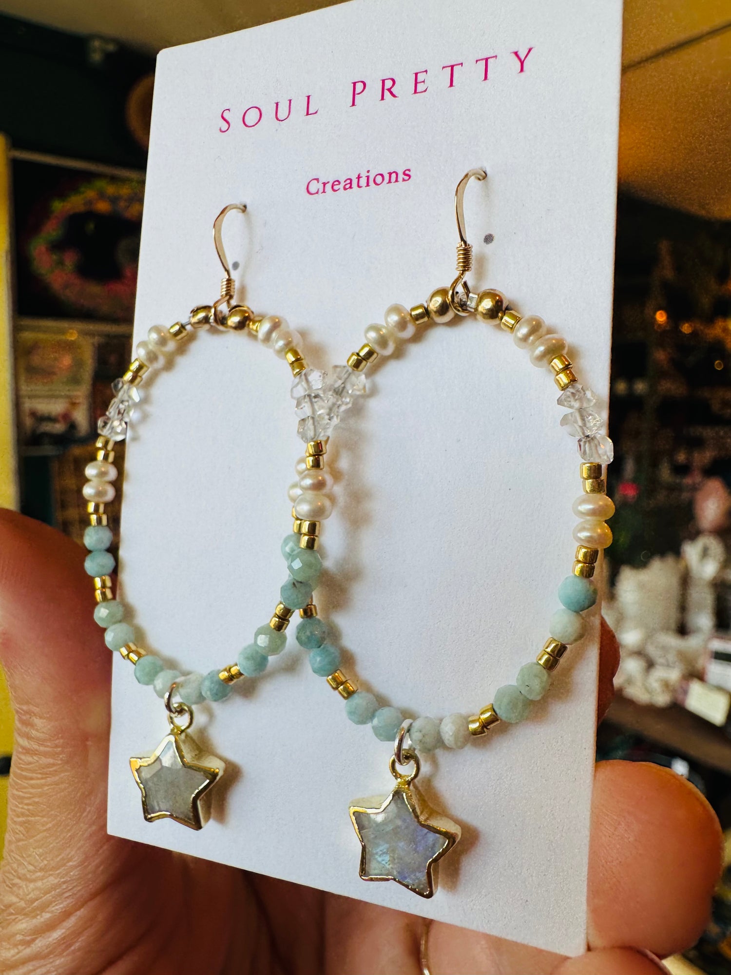 Soul Pretty Moonstone Star + Larimar + Pearl + Herkimer Handmade Gold Fill Earrings - Moon Room Shop and Wellness