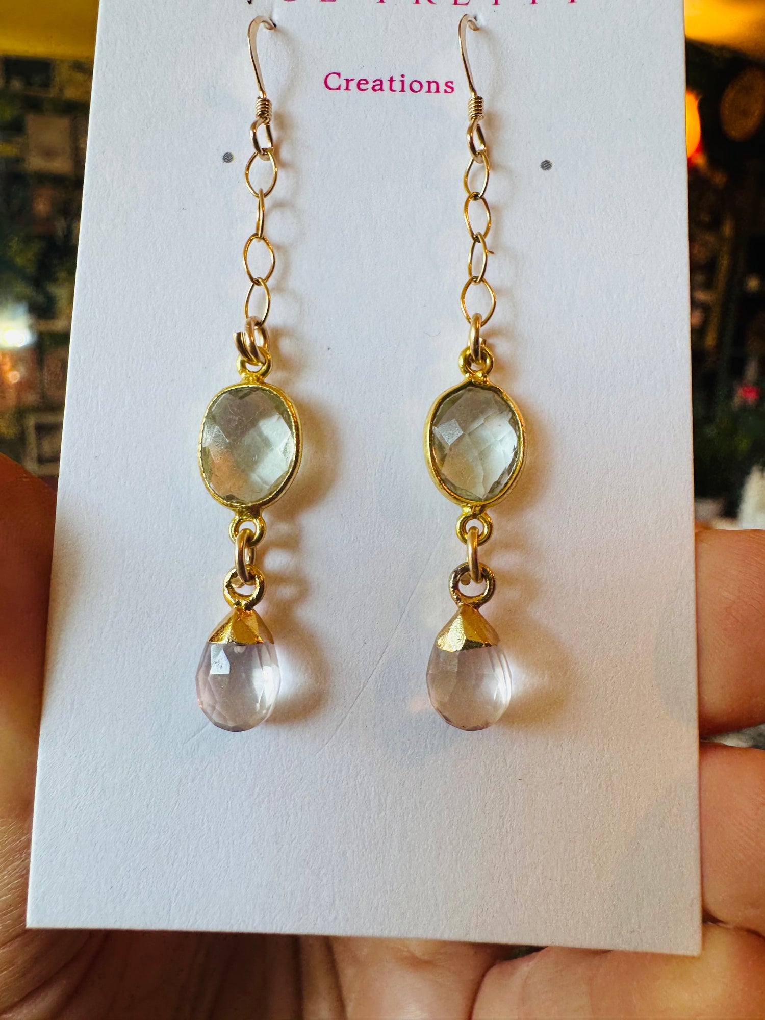 Soul Pretty Prasiolite + Rose Quartz Droplet Gold Fill Earrings - Moon Room Shop and Wellness