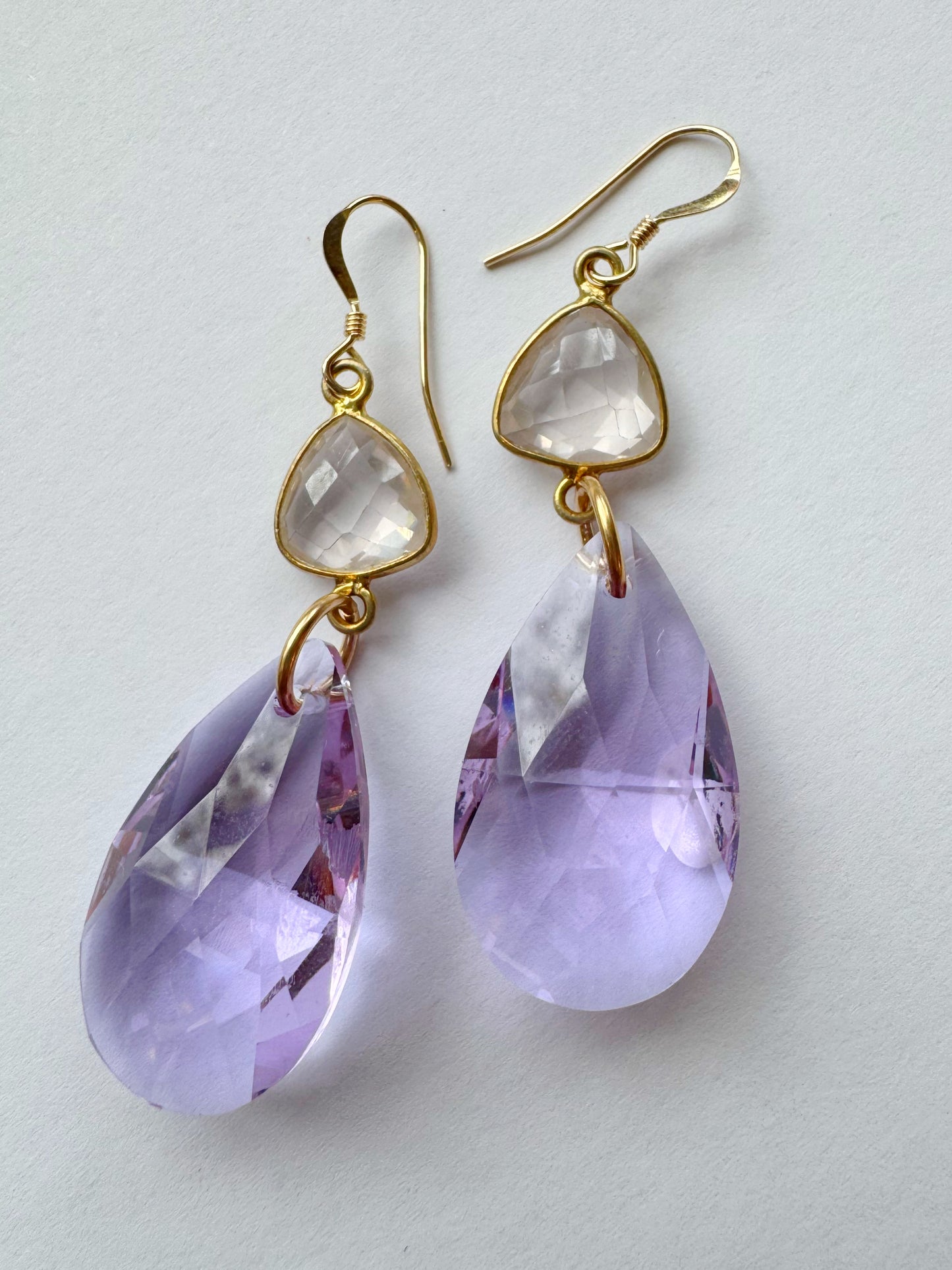 Rose Quartz + Purple Prism Drops Gold Fill Earrings - Moon Room Shop and Wellness