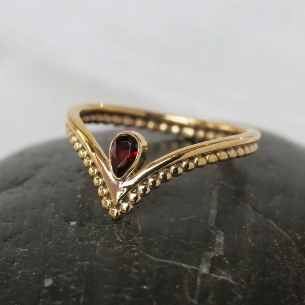 Spotted Chevron Ring with Garnet Stone in Brass Sizes 6,7,8 - Moon Room Shop and Wellness
