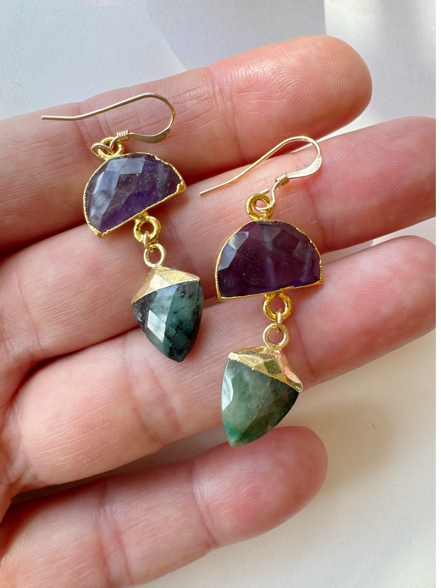 Emerald + Amethyst Half Moon Handmade Gold Fill Drop Gemstone Earrings - Moon Room Shop and Wellness