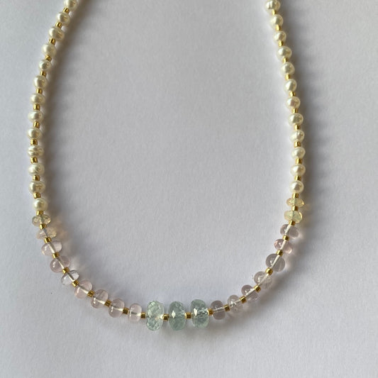 Aquamarine + Rose Quartz + Ethiopian Opal +Pearl Handmade Necklace - Moon Room Shop and Wellness