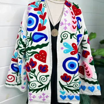Handmade Suzani Embroidered Jacket | Evil Eye Kimono Coat - Moon Room Shop and Wellness