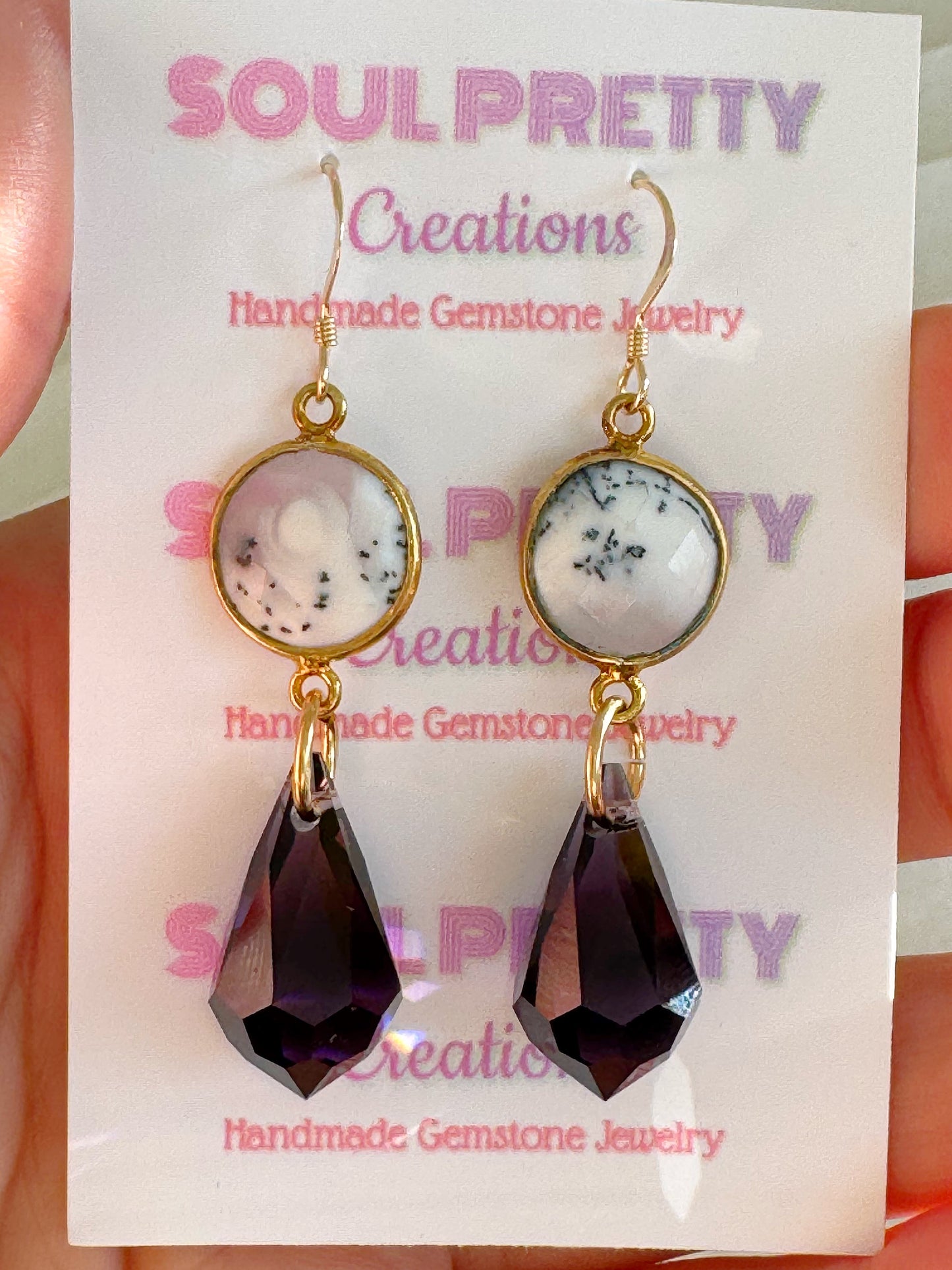 Dendritic Opal + Purple Prism Point Gold Fill Earrings - Moon Room Shop and Wellness