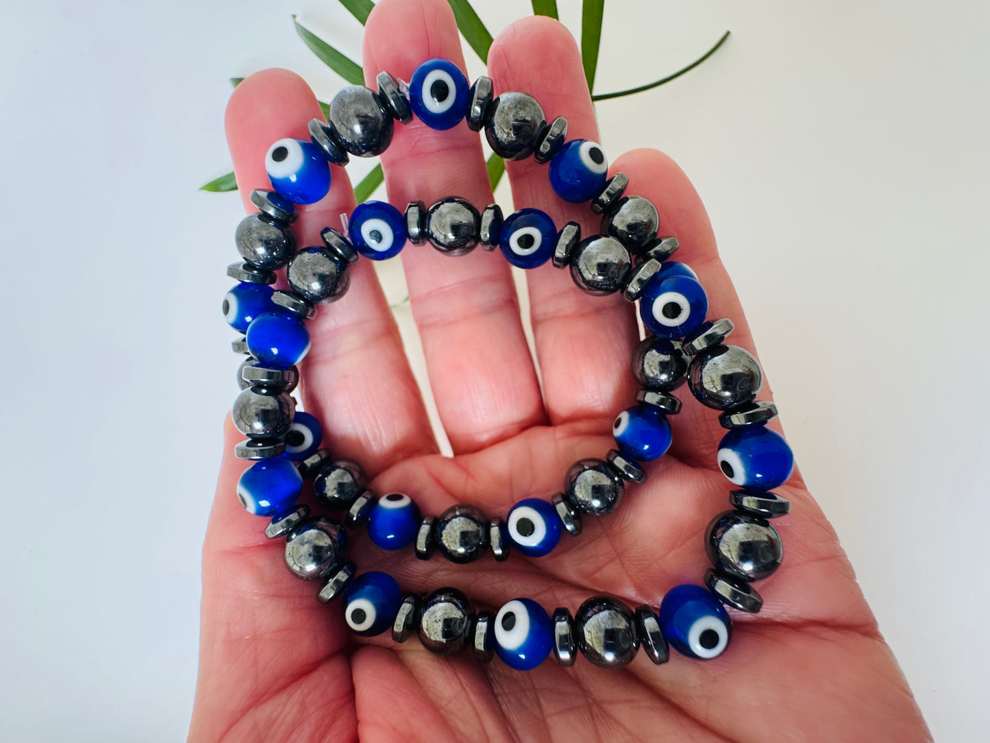 Evil Eye Glass + Hematite Stretch 8mm Bracelet - Moon Room Shop and Wellness