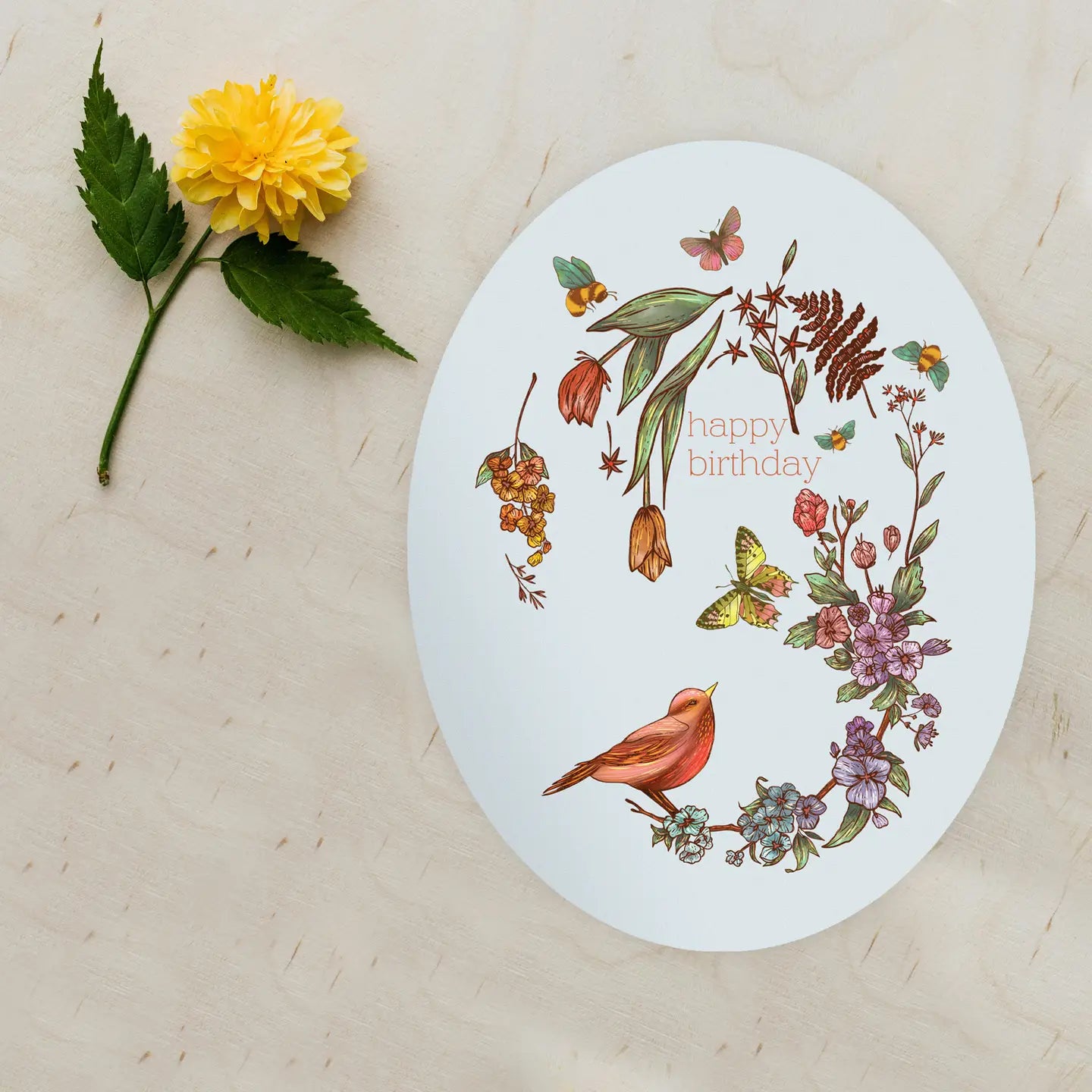 Oval Happy Birthday Floral Bird Wreath- Blank Inside - Moon Room Shop and Wellness