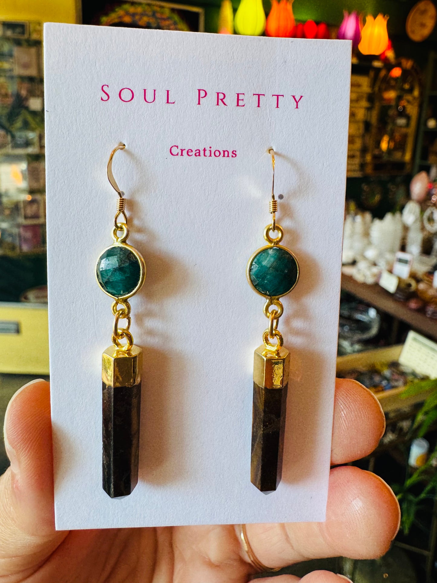 Soul Pretty Jade + Tiger's Eye Point Gold Fill Earrings - Moon Room Shop and Wellness