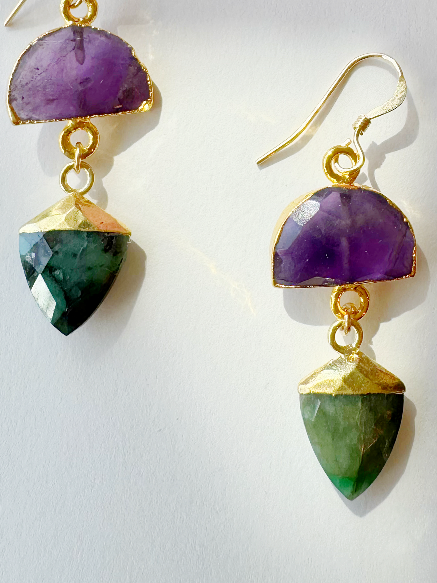 Emerald + Amethyst Half Moon Handmade Gold Fill Drop Gemstone Earrings - Moon Room Shop and Wellness