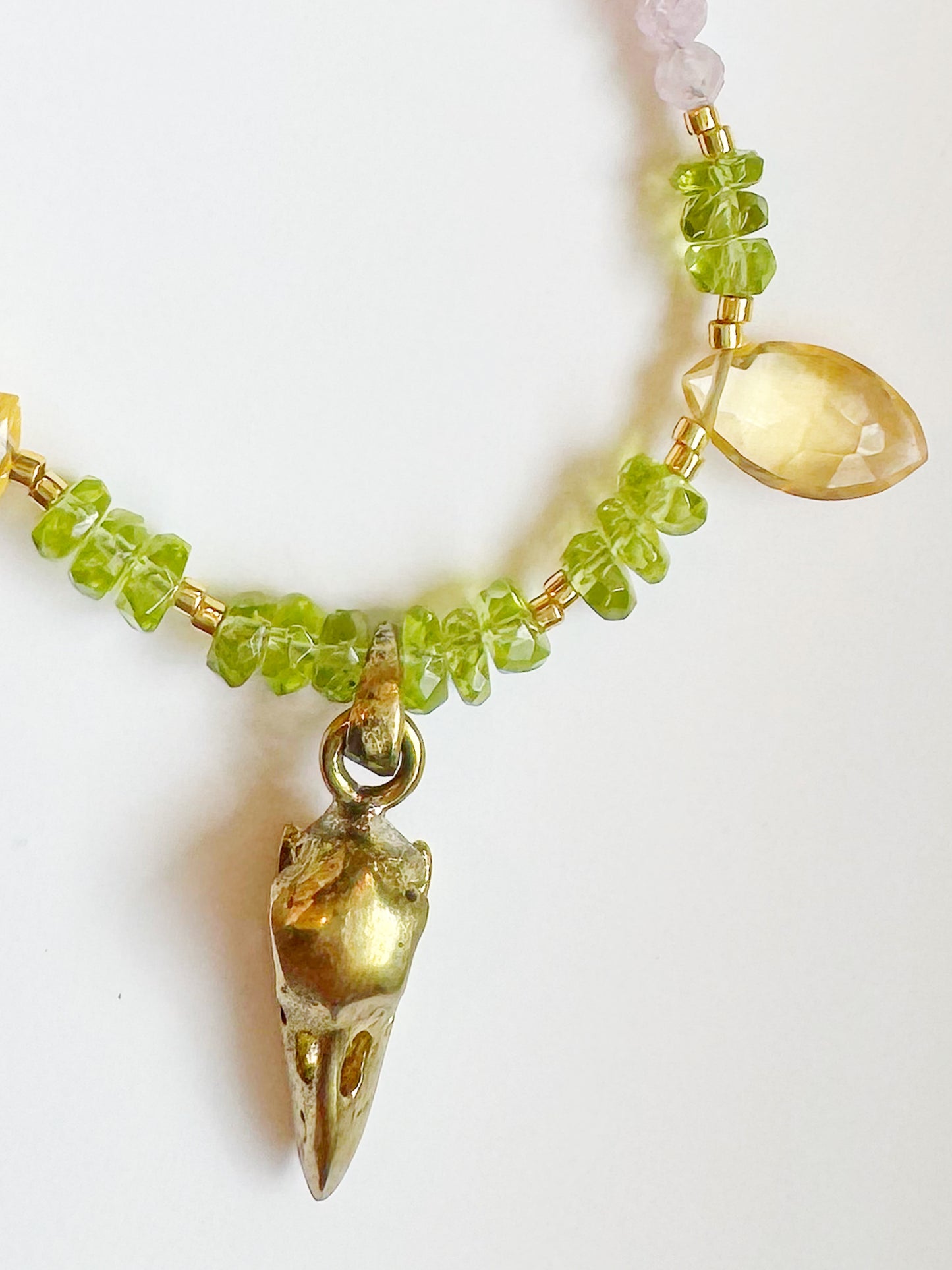 Brass Raven Skull + Peridot + Citrine + Kunzite + Black Tourmaline Gold Fill Handmade Necklace - Moon Room Shop and Wellness