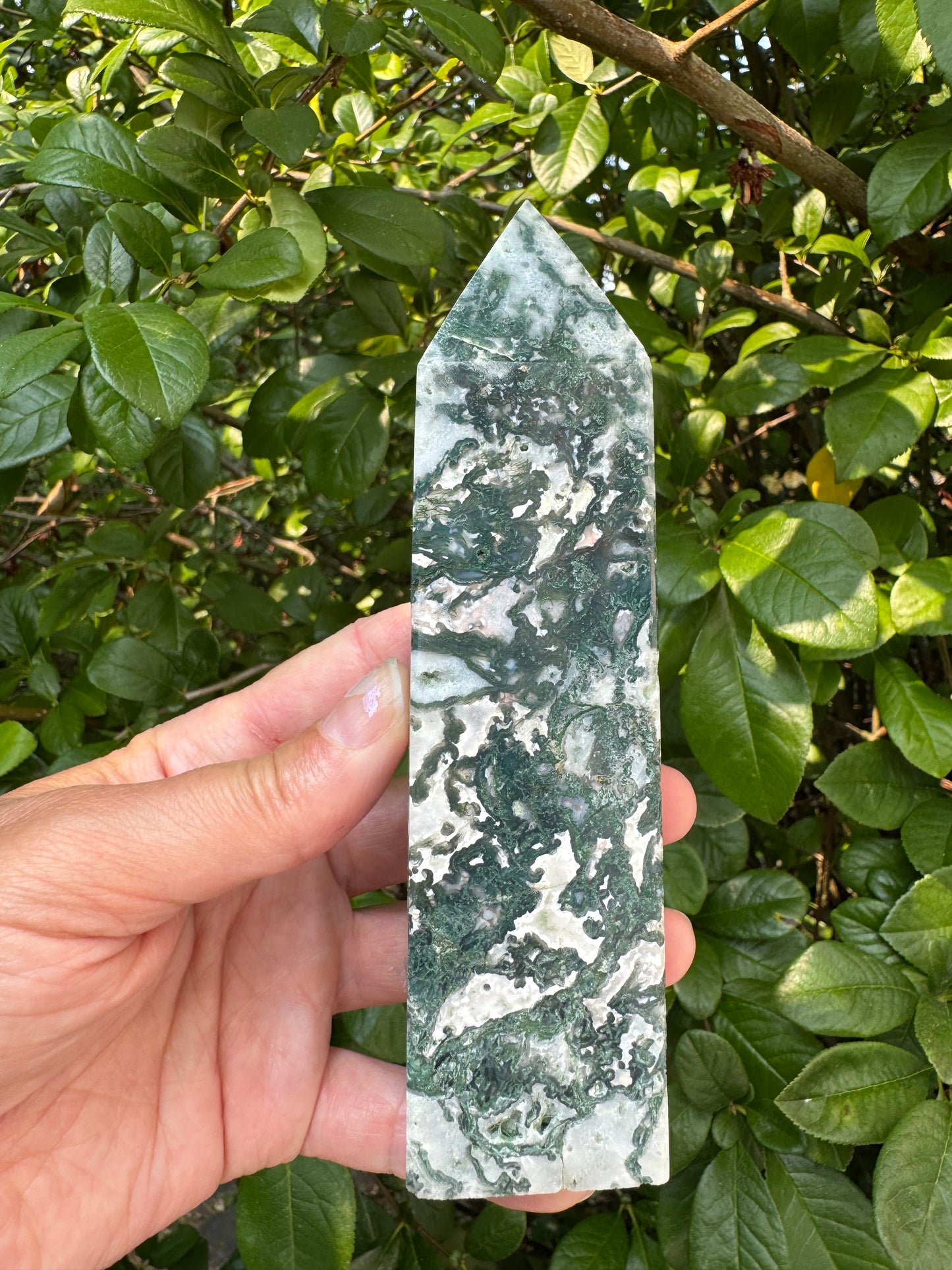 Moss Agate Tower 342 g - Moon Room Shop and Wellness