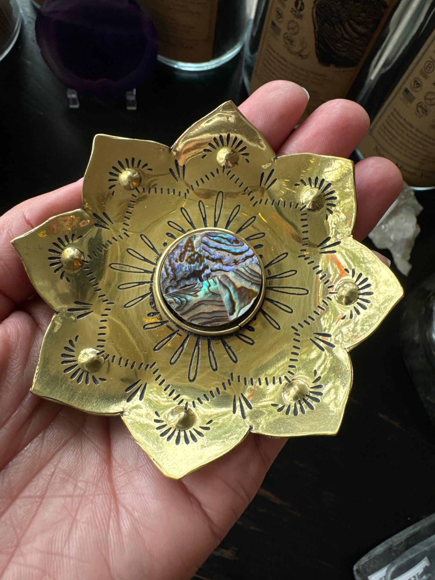 Kairavini Lotus Catch All Tray, Ring Dish - Brass, Abalone - Moon Room Shop and Wellness