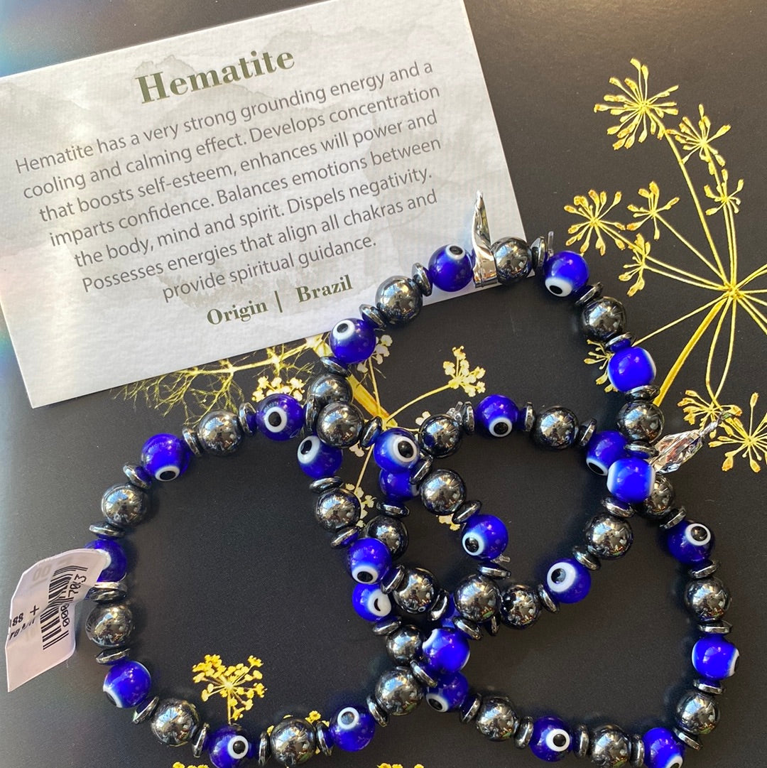 Evil Eye Glass + Hematite Stretch 8mm Bracelet - Moon Room Shop and Wellness