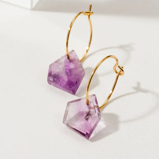 Amethyst -14Kt Sterling Silver Geometry Mini Hoop Earrings - Moon Room Shop and Wellness