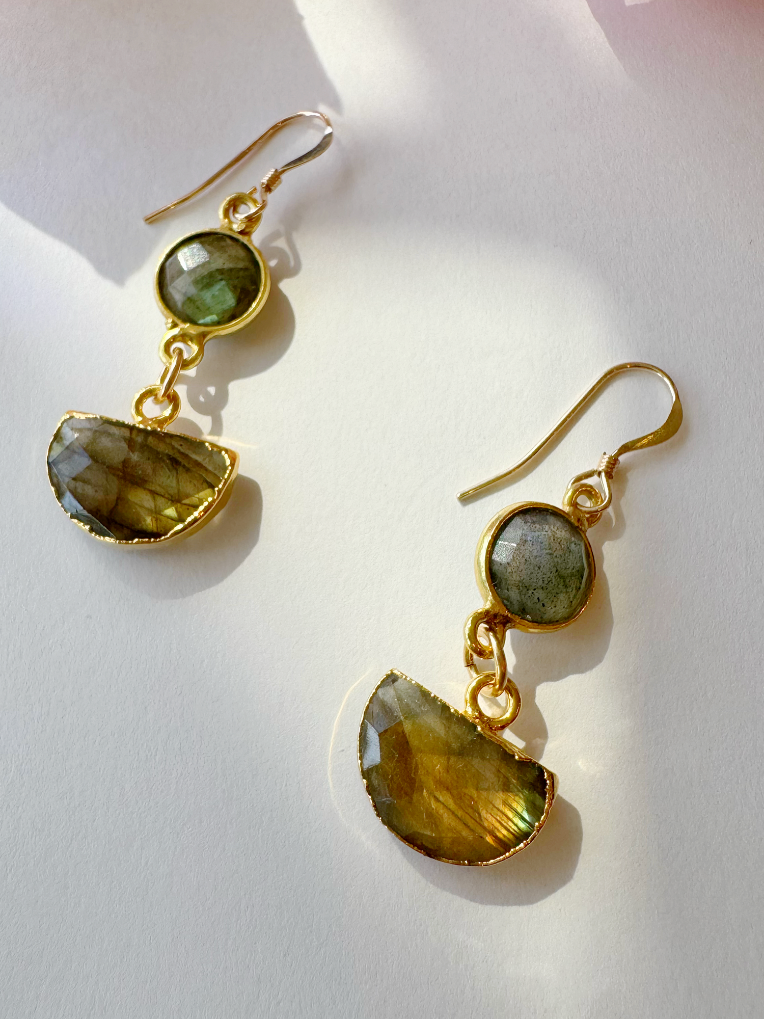 Labradorite Half Moon Handmade Gold Fill Drop Gemstone Earrings - Moon Room Shop and Wellness