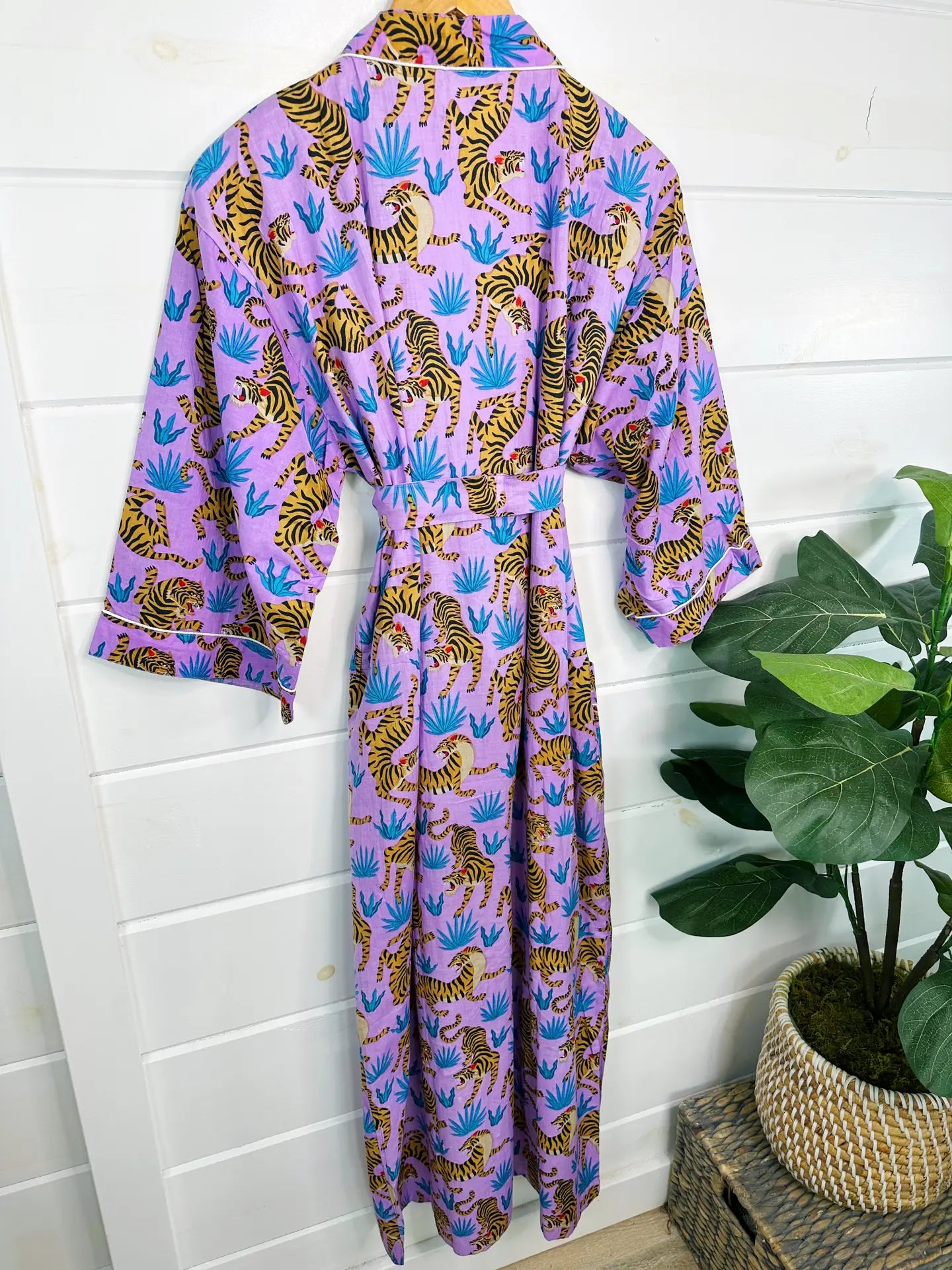Women's Cotton Robe /Kimono Tiger Print Lilac - Moon Room Shop and Wellness
