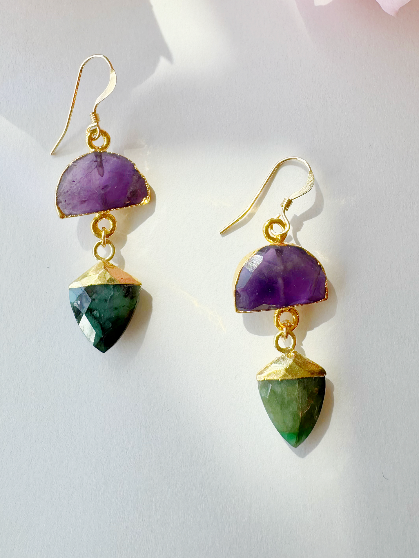 Emerald + Amethyst Half Moon Handmade Gold Fill Drop Gemstone Earrings - Moon Room Shop and Wellness