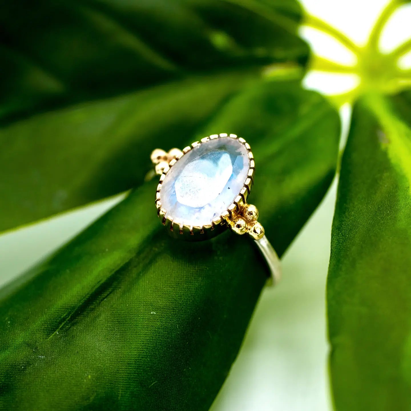 Moonstone Sterling Silver + Brass Accents Ring Sizes 5,6,7,8,9 - Moon Room Shop and Wellness