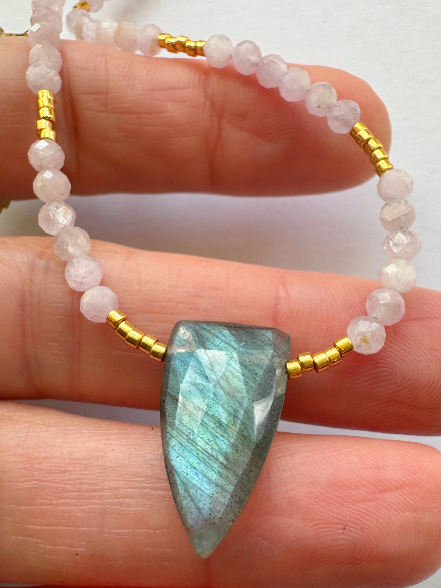 Labradorite Point + Morganite Beaded Gold Fill Necklace - Moon Room Shop and Wellness