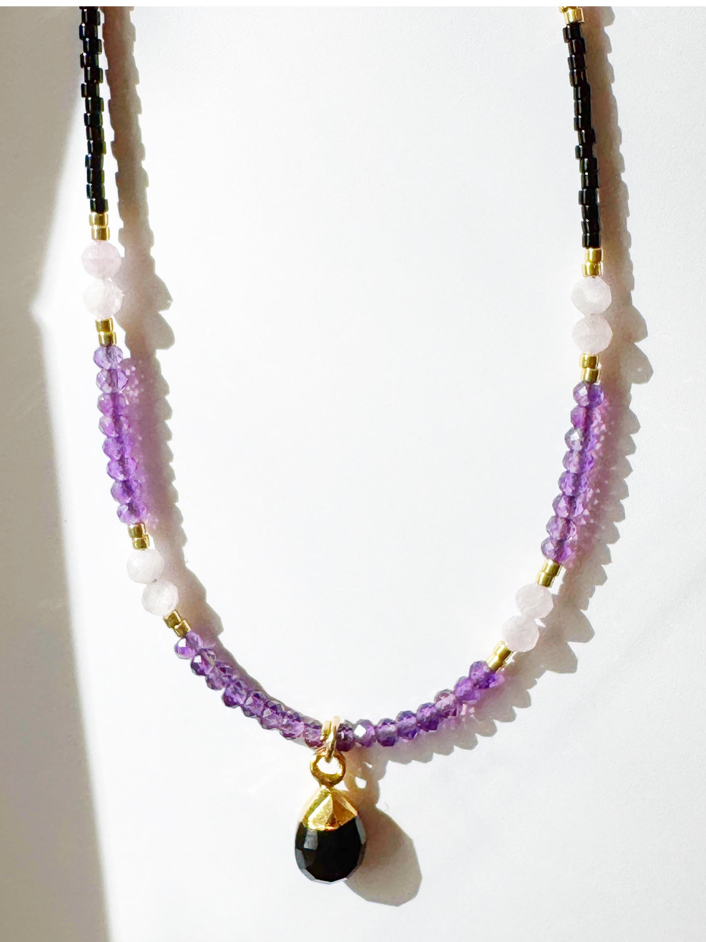 Black Onyx + Amethyst + Kunzite + Seed Bead One of a kind Gold Fill Adjustable Handmade Necklace - Moon Room Shop and Wellness