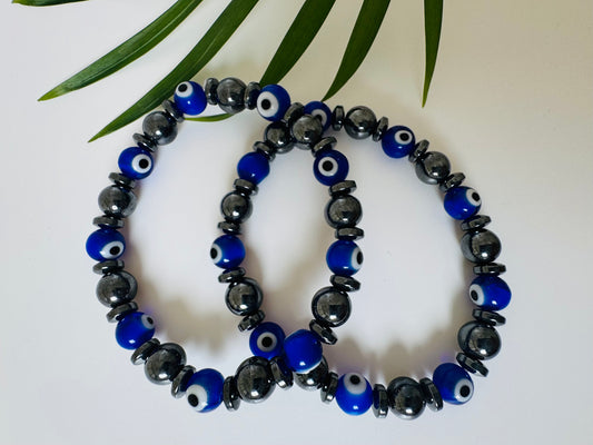 Evil Eye Glass + Hematite Stretch 8mm Bracelet - Moon Room Shop and Wellness