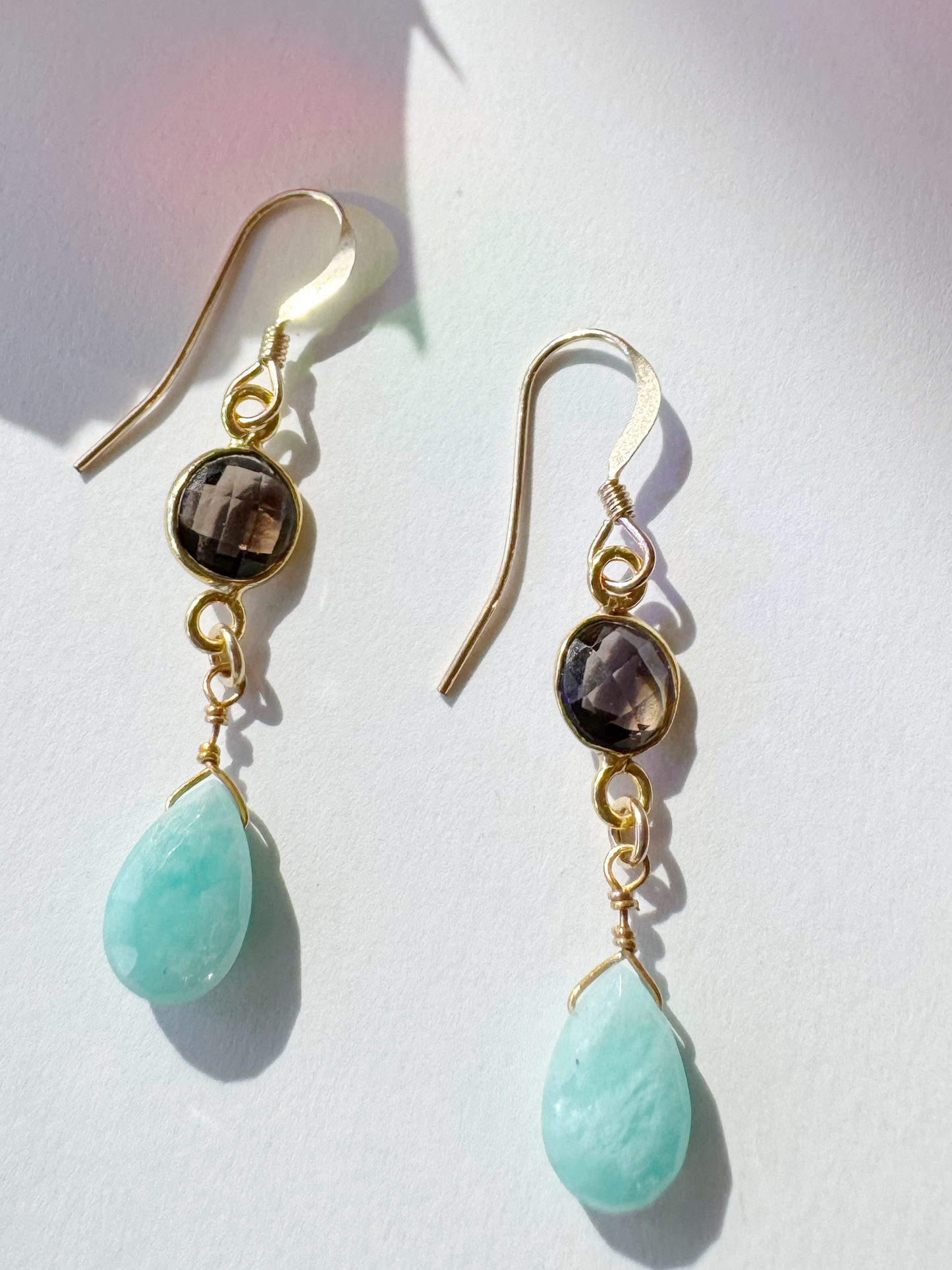 Amazonite + Smoky Quartz Handmade Gold Fill Drop Gemstone Earrings - Moon Room Shop and Wellness
