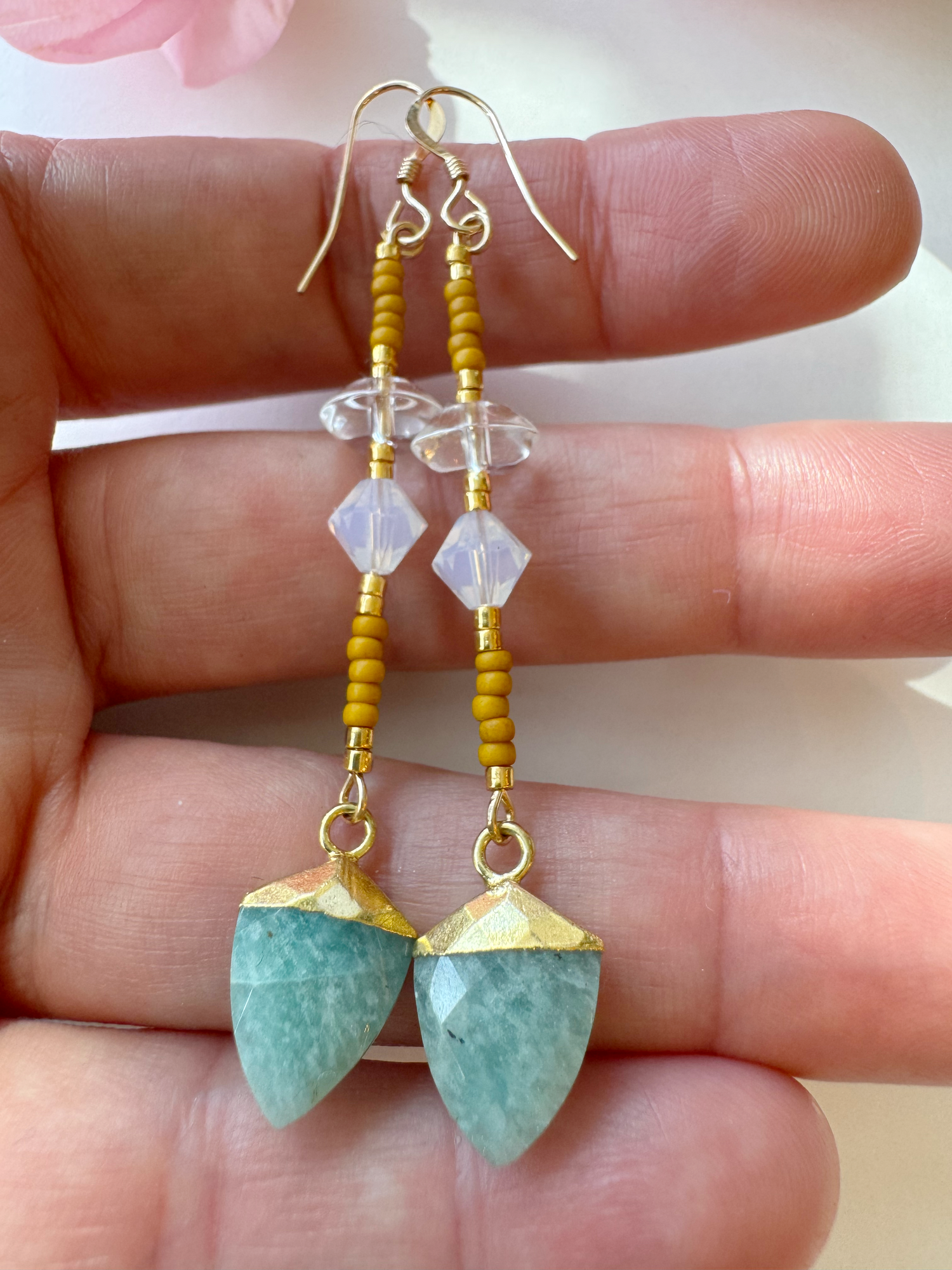 Amazonite + Quartz + Swarovski Crystal Handmade Gold Fill Drop Gemstone Earrings - Moon Room Shop and Wellness
