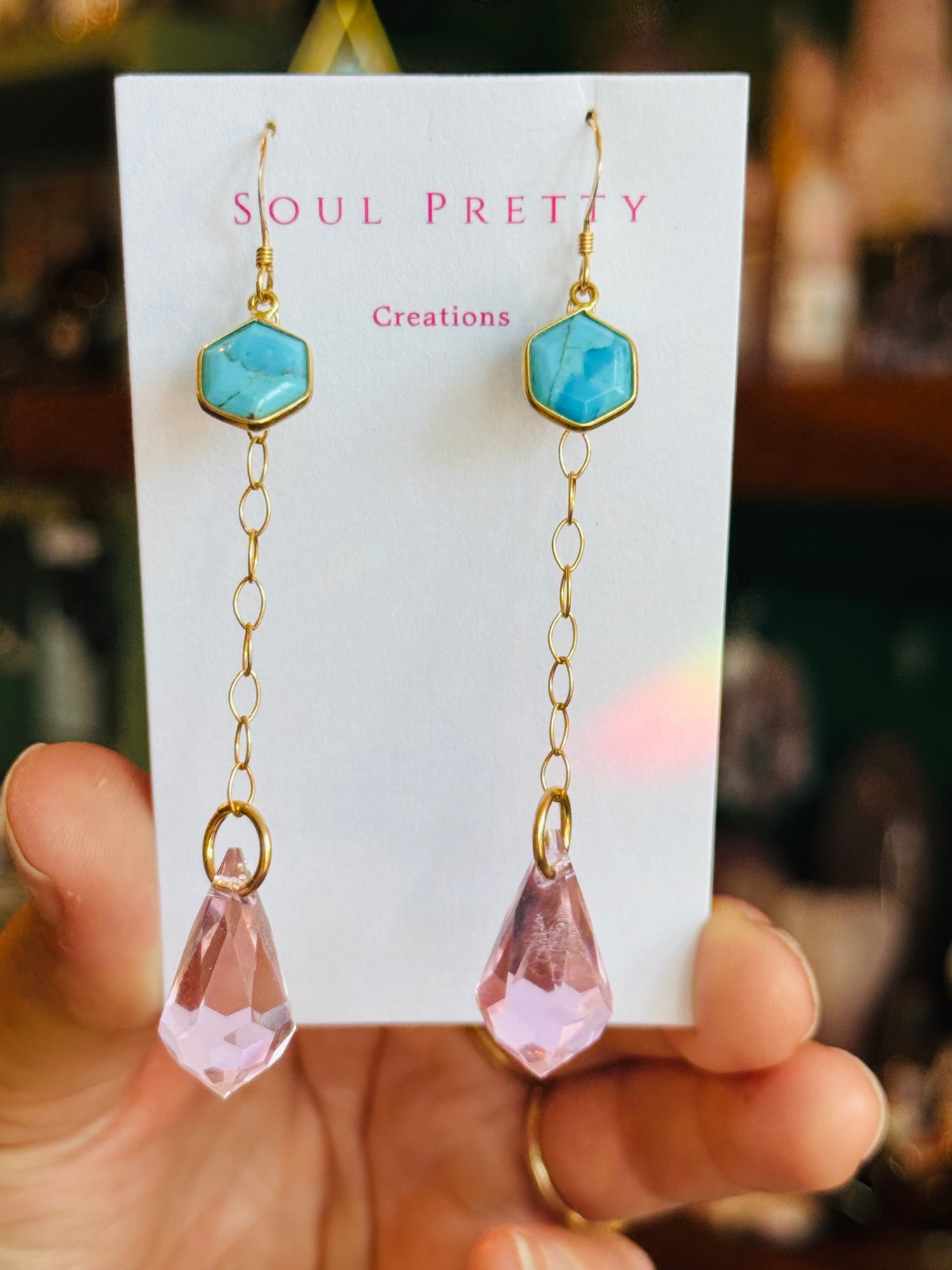 Soul Pretty Turquoise Hex + Pink Prism Point Gold Fill Earrings - Moon Room Shop and Wellness